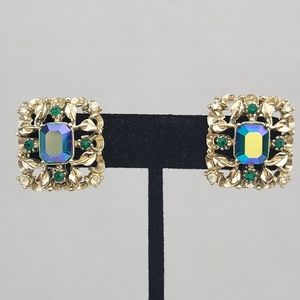 Vintage Coro Aurora Borealis and Rhinestone Earrings  Clip On Square Earrings
